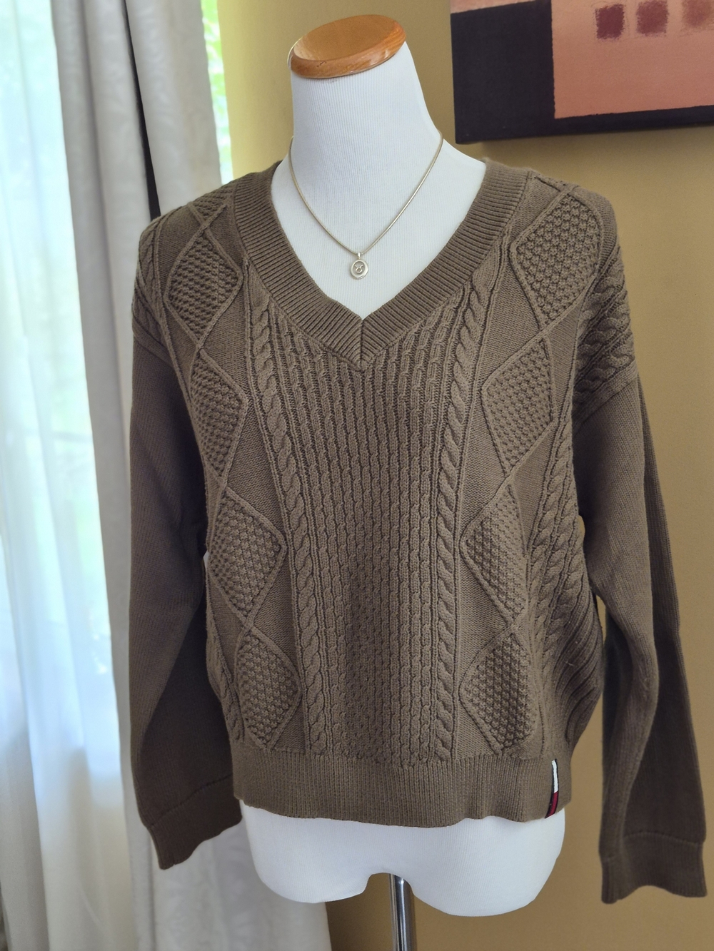 Tommy Hilfiger Army Green V‑Neck Cable Knit Sweater